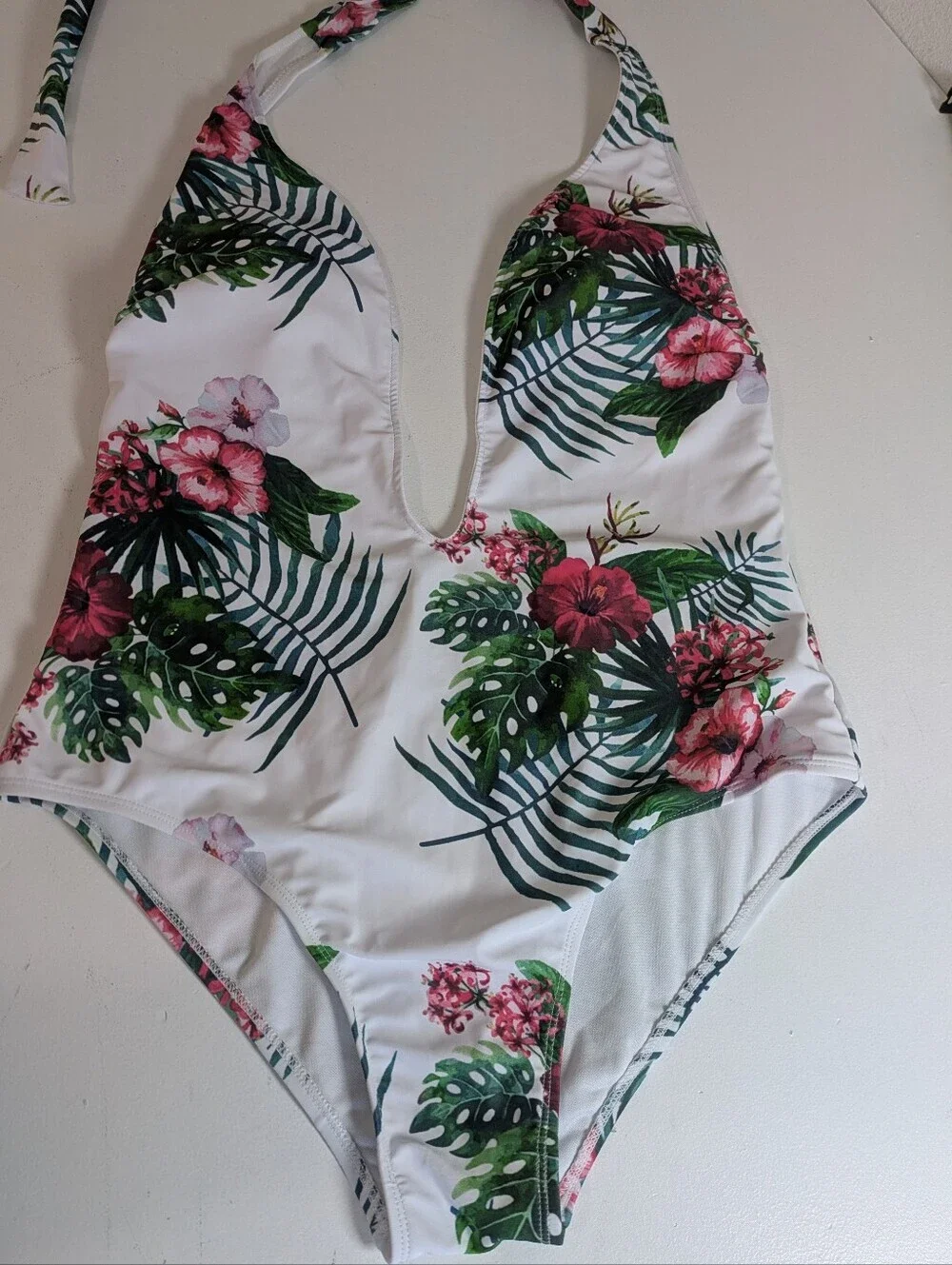 Floral Womens Swimwear Size L Halter Neck Monokini Tropical White Green Cut Out